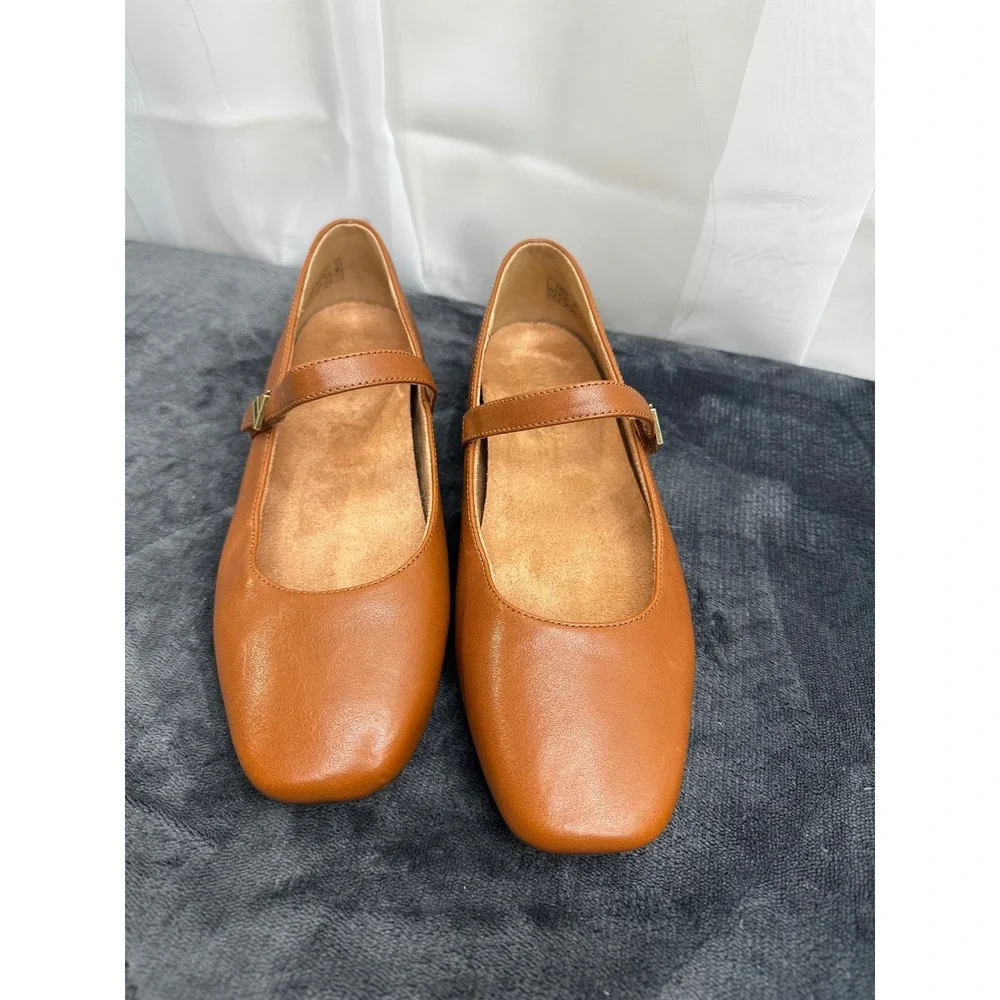 Vionic Alameda Mary Jane Flats Tan Leather Square Toe Shoes Womens 8.5